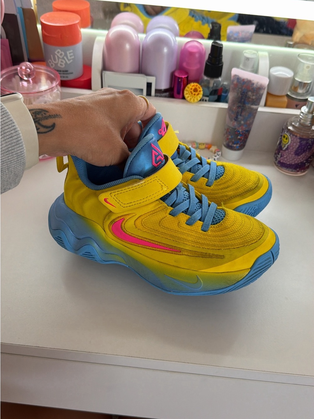 Nike Kids Yellow and Blue Sneakers with Pink Swoosh